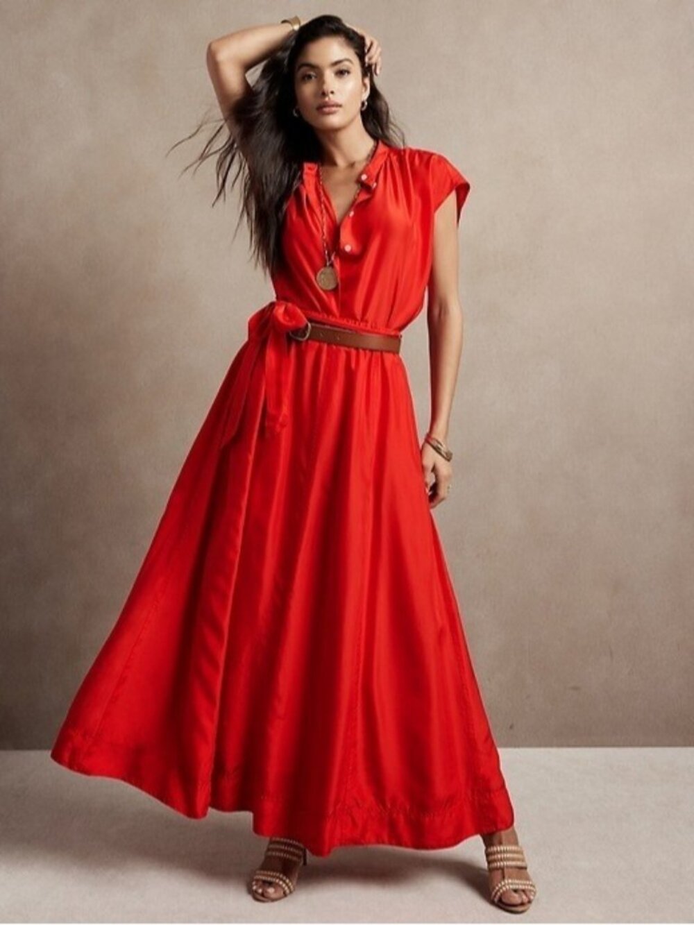 NWT Banana Republic Nocturne Silk Maxi in True Red Belted A-line Skirt L